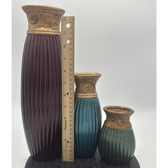 Set Of Three Ceramic Vases Maroon Teal Green With Gold - Picture 3 of 5